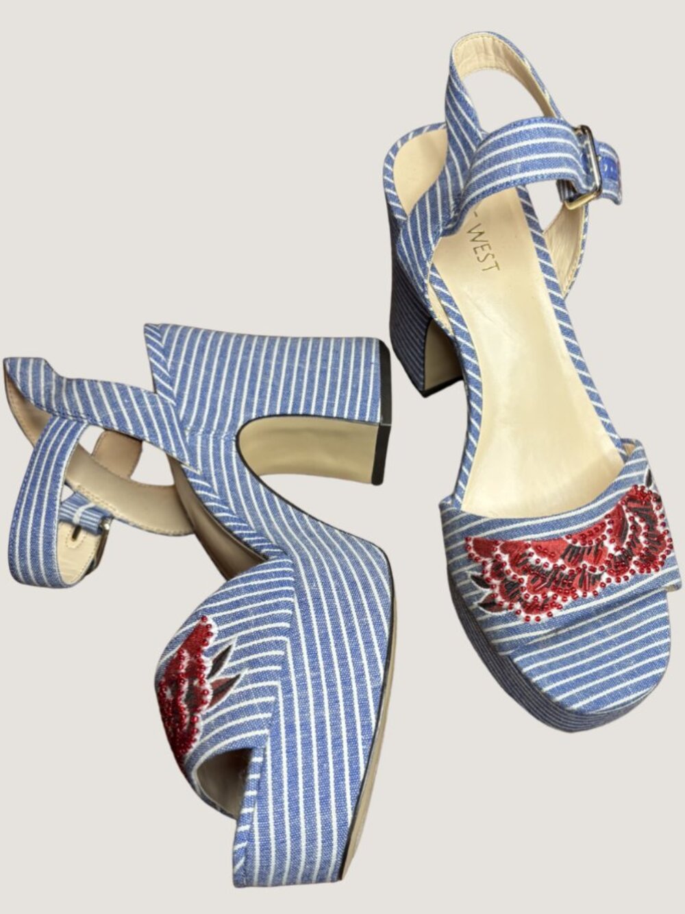 Nine West Fontayah Blue White Pinstripe Platform Heels Embroidered Sandals Size